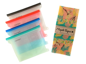 Set of 4 Silicone Bags Colours: Green, Blue, Red and White 1L Capacity & Set of 3 Beeswax Wraps