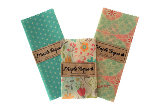 Pack 2 Medium & 1 Small Beeswax Wraps, Size: M 12x12", S 8x8" Made in Canada.